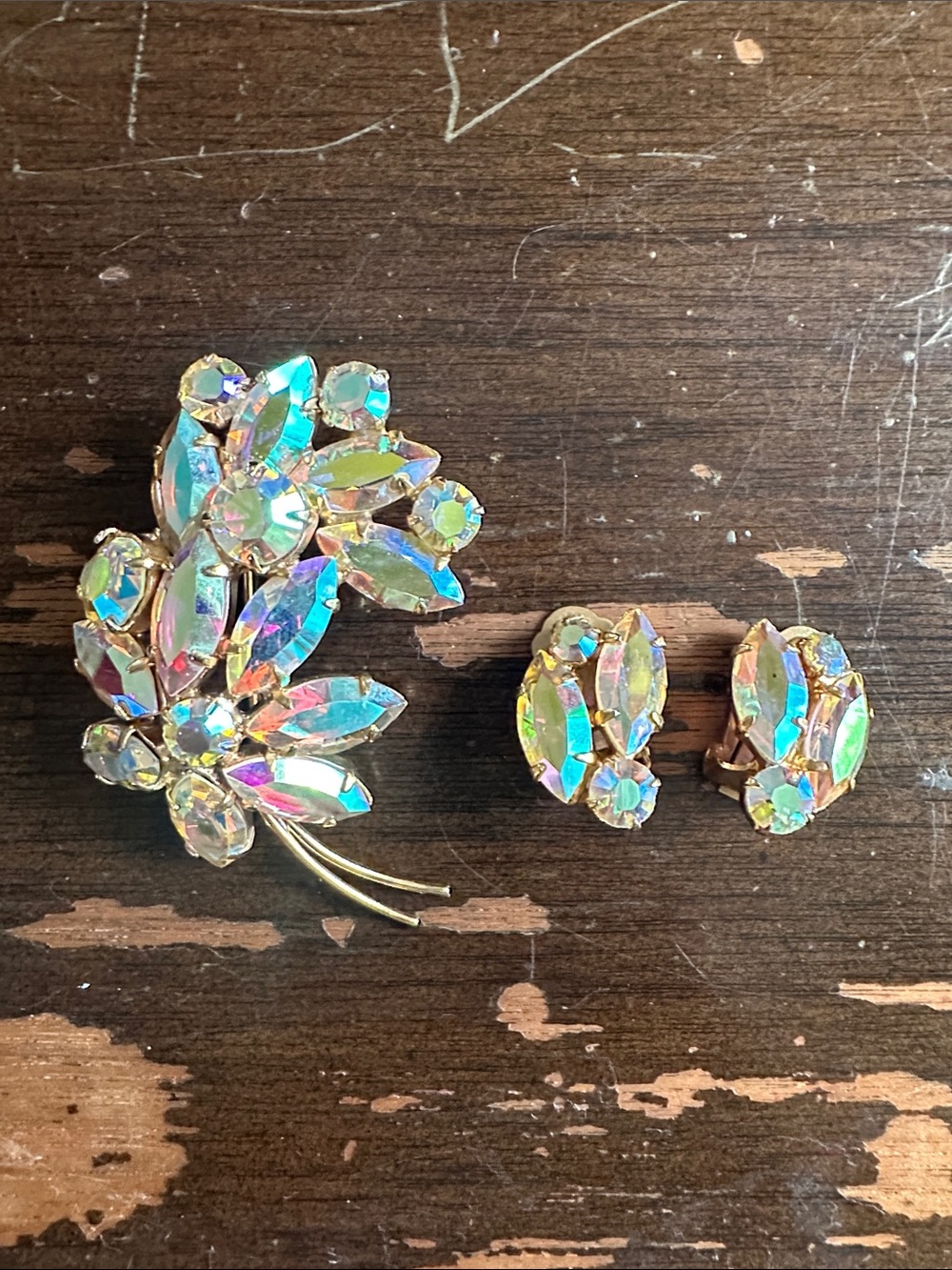 1950s unmarked crystal AB brooch and Clip On Set, debatably from designer of gem